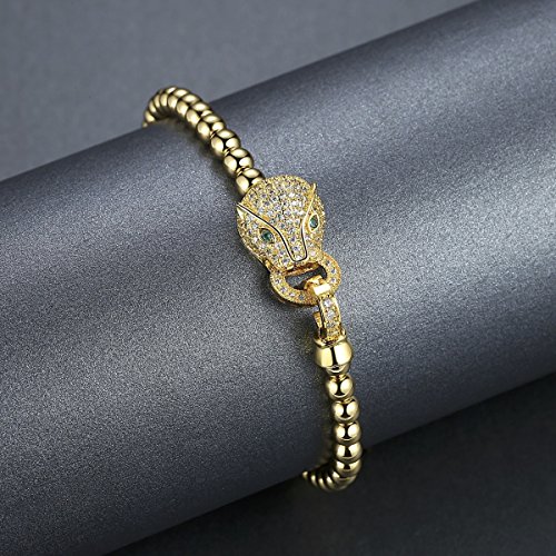 Aoiy - Pulsera de Las Mujeres de Acero Inoxidable, Cuentas de Acero Inoxidable y Ojo Verde Leopardo Circonita, Color Dorado, qqb002ji