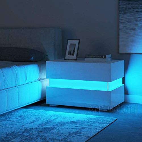 Apelila - Mesita de noche con luz LED, color blanco brillante con 2 cajones, con 12 luces LCD de colores y decoración acrílica, 1 unidad, Madera / MDF / acrílico., Blanco, Led Light White