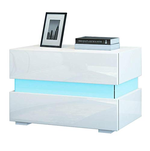 Apelila - Mesita de noche con luz LED, color blanco brillante con 2 cajones, con 12 luces LCD de colores y decoración acrílica, 1 unidad, Madera / MDF / acrílico., Blanco, Led Light White