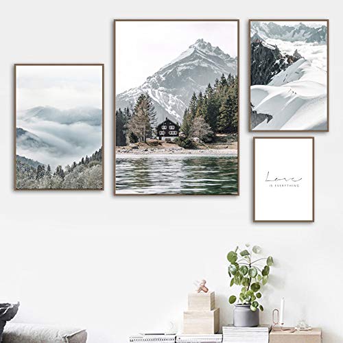 Arrecife de niebla Snow Mountain Alpine Lake Pine Forest Forest Lienzo Pintura Nordic Living Room Decoración del hogar Mural 50X70 cm