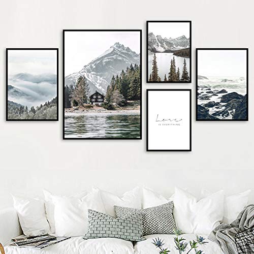 Arrecife de niebla Snow Mountain Alpine Lake Pine Forest Forest Lienzo Pintura Nordic Living Room Decoración del hogar Mural 50X70 cm