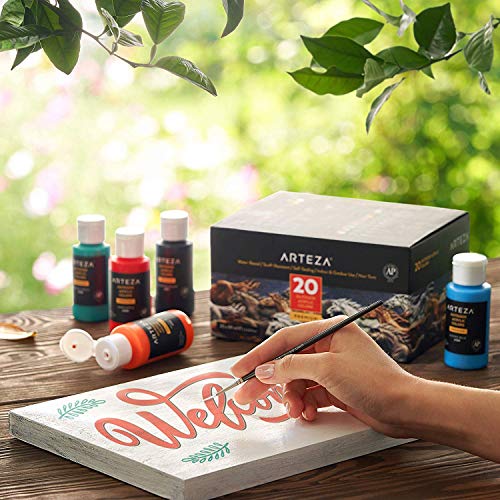 Arteza Pintura acrílica para manualidades en exteriores | Caja de 20 frascos de 59 ml | 20 colores | Pinturas acrílicas de exterior para piedra, madera, tela, cuero, papel, lienzos y pinturas murales