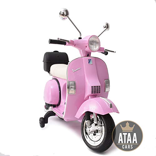 ATAA Vespa clásica Oficial 12v Licencia Piaggio - Rosa - Moto eléctrica para niños hasta 7 años. Batería 12v portamaletas de Regalo