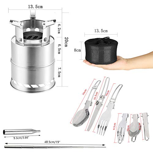 Azeekoom Estufa de Leña Camping, Hornillo Alcohol Portátil con Cuchillo Plegable Tenedor Cuchara Fuelle de Fuego para Excursionismo al Aire Libre Senderismo Senderismo Picnic Barbacoa