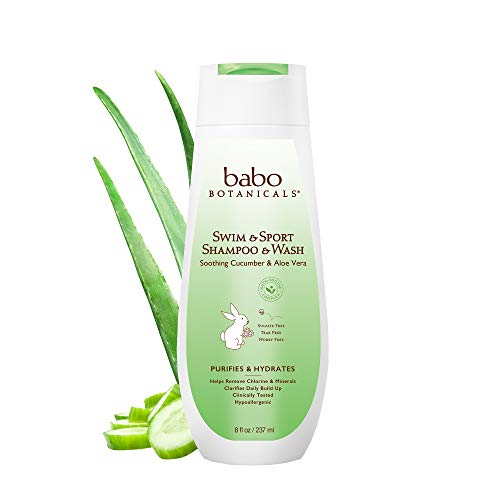 Babo Botanicals Swim & Sport Shampoo & Wash, Pepino Aloe Vera, 8fl.oz. - Mejor champú nadador; Elimina el cloro, purifica e hidrata; Mejor champú nadador; Aloe Vera orgánico