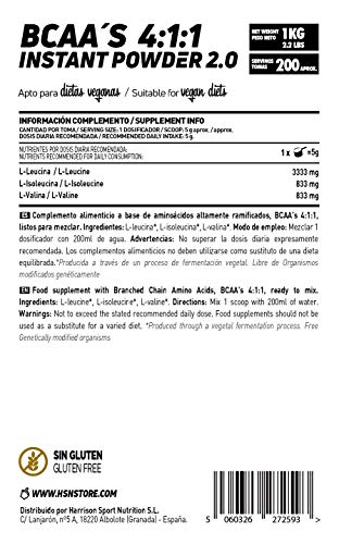 BCAA en Polvo con Ratio 4:1:1 2.0 de HSN | L-Leucina + L-Valina + L-Isoluecina | Disolución Perfecta | Recuperador del Entrenamiento | Vegano, Sin Gluten, Sin Lactosa, Sabor Neutro, 1 Kg