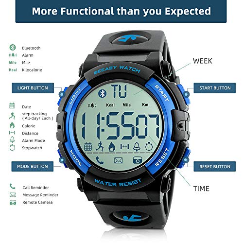 Beeasy Reloj Deportivo Hombre,Relojes Digital Impermeable Watches Inteligente Bluetooth Fitness Tracker Contador Calorías Podómetro Cámara Remota App Notificación de Llamadas SMS,Azul