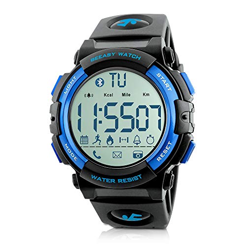 Beeasy Reloj Deportivo Hombre,Relojes Digital Impermeable Watches Inteligente Bluetooth Fitness Tracker Contador Calorías Podómetro Cámara Remota App Notificación de Llamadas SMS,Azul