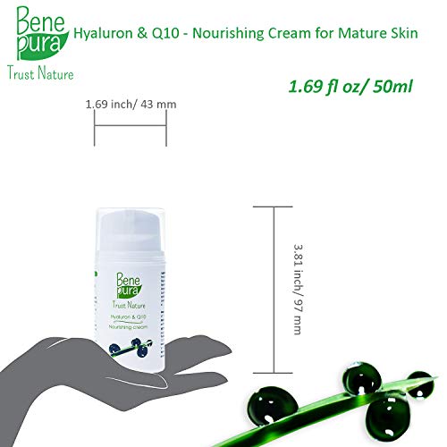 BenePura Crema Facial Hialuron & Q10 50 ml - Crema Nutritiva para Pieles Maduras - Energiza las Células de la Piel - Sin Pruebas en Animales, Libre de Parabeno, Sin Gluten,Vegano,Hecho a mano en la UE