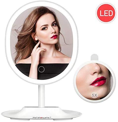 BESCHOI Espejo Maquillaje con Luz LED, Espejo Aumento 5X, Espejo Cosmético Pantalla Táctil，Regulable Luz LED Diurna, Rotación de 120°, Carga con USB, Portátil y Sin Cable（Blanco）