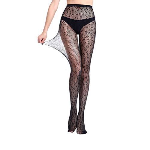 BESTOYARD Medias de Las Mujeres del Tatuaje de Jacquard con Encaje elástico Top Liguero Pantimedias Bottom Romper Fishnet Jacquard Medias (patrón de Leopardo Negro)