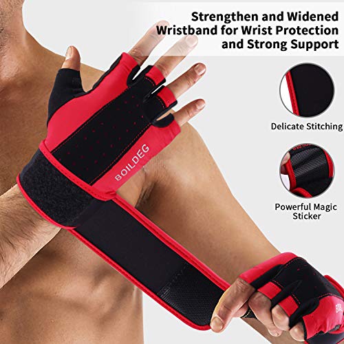 boildeg Guantes Gimnasio Hombre Mujer,Guantes Pesas Gym Guantes Fitness Transpirable con Protección Completa de Muñeca y Palma para Crossfit Levantamiento de Pesas Musculación (Rojo, S)