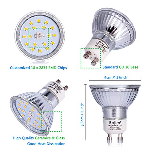 Bojim Pack de 6 Foco Empotrable Led Gu10 Luz de Techo 6W equivalente a Halogeno 54W Incluye Bombilla GU10 Blanco Cálido 2800K 600Lm Ojos de Buey Redondo Blanco Esmerilado Ángulo Orientable 30°