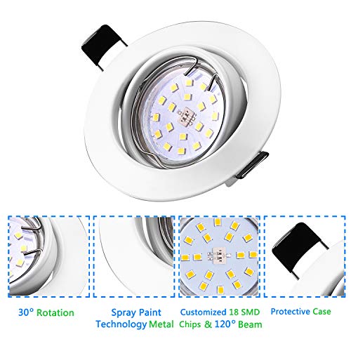 Bojim Pack de 6 Foco Empotrable Led Gu10 Luz de Techo 6W equivalente a Halogeno 54W Incluye Bombilla GU10 Blanco Cálido 2800K 600Lm Ojos de Buey Redondo Blanco Esmerilado Ángulo Orientable 30°