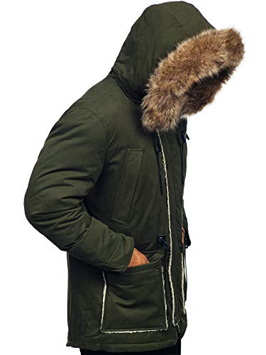 BOLF Hombre Chaqueta Parka de Invierno con Capucha Cierre de Cremallera y Botones Cuello Elevado Estilo Casual J.Boyz 1099 Caqui XXL [4D4]