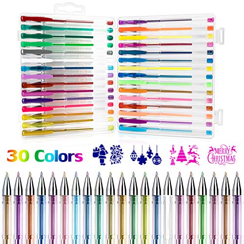 Bolígrafos de Gel, Gifort 30 Colores Set De 30 Bolis De Tinta De Gel De Colores - Brillo, Neón, Pastel, Metálico con 4 plantillas de pintura Regalos para Niñas