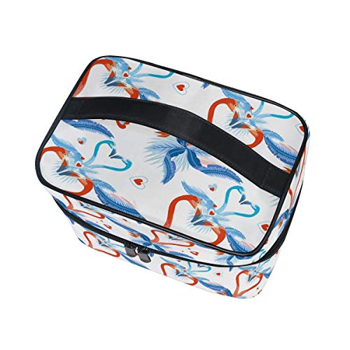 Bolsa de cosméticos de viaje, diseño de flamencos Love Tropical Palm Leaves Bolsa de maquillaje bolso de tren con cremallera portátil para viaje cosmético organizador grande para niñas y mujeres