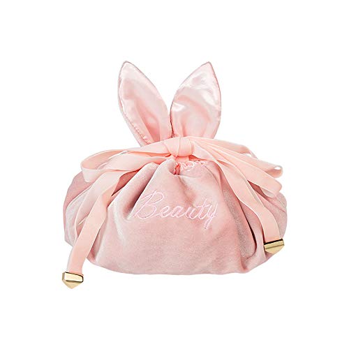 Bolsa de maquillaje perezoso viaje bolsa de maquillaje organizador de almacenamiento con lindo conejo oído para mujeres y niñas (rosa)