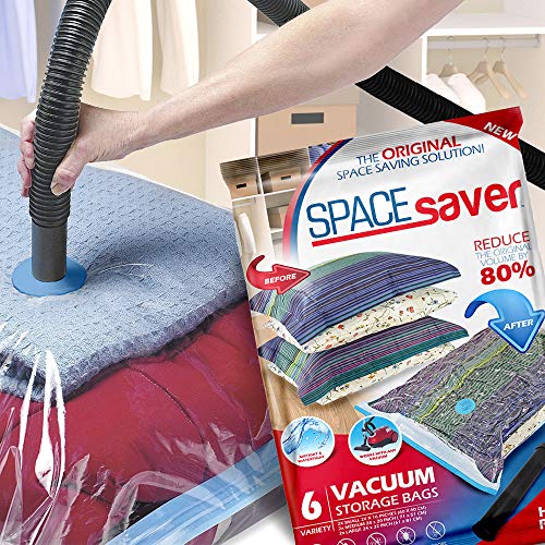 Bolsas de almacenamiento al vacío SpaceSaver Premium (2 pequeñas, 2 medianas, 2 grandes) (80% más de almacenamiento que las marcas líderes) Bomba de mano gratis para viajes