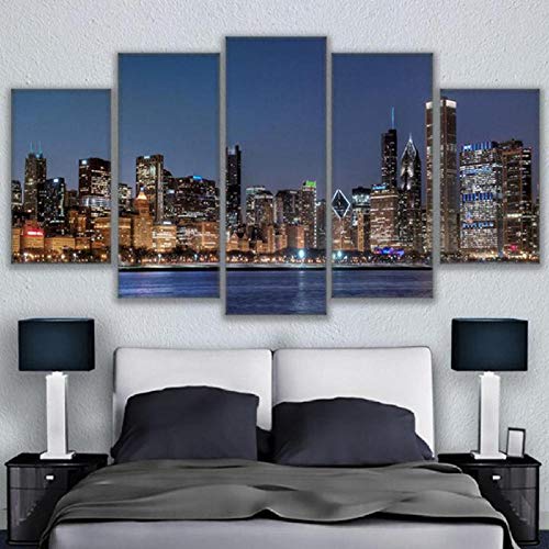 BOMDOW Lienzo Arte De La Pared Fotos HD Impresiones Sala De Estar Decoración 5 Unidades Chicago River Paisaje Urbano Cuadros Marco Nightscape De La Ciudad-30X40Cmx2/30X60Cmx2/30X80Cmx1