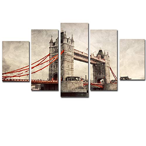 BOMDOW Pinturas sobre Lienzo Decoración para El Hogar Marco 5 Piezas Tower Bridge Imágenes HD Impresiones London River Thames Carteles Sala De Estar Arte De La Pared-20X35Cmx2/20X45Cmx2/20X55Cmx1