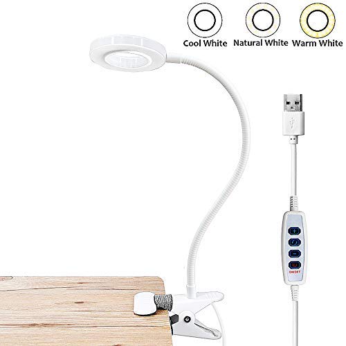 Bonlux 5W USB Portátil Lámpara LED con pinza, Clip LED Luz Lampara de Mesa Lectura Escritorio, Protección para Ojos, 10 Nivel de Brillo Ajustable, 3 Colores de Iluminación, Flexible Regulable (Blanco)