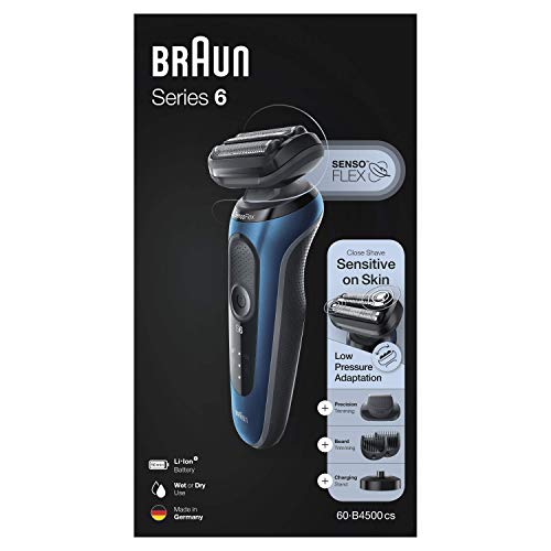 Braun Series 6 60-B4500cs Afeitadora Eléctrica, máquina de afeitar barba hombre de Lámina con Base de Carga, Recortadora de Barba, Uso en Seco y Mojado, Recargable, Inalámbrica, Azul