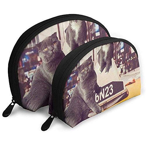 British Shorthair Cat Taxi Mariscos Bolsa de cosméticos Forma de Concha Bolsas de Almacenamiento portátiles Bolsa de Aseo de Viaje (Incluye 2 Bolsas)