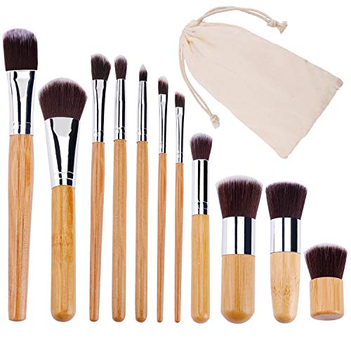 Brochas de Maquillaje Profesional Juego de Cepillo de Maquillaje de Bambú para Ojos Rubor Contorno de los Labios Corrector Brochas con Bolsa 11 Piezas