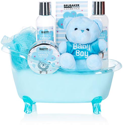 BRUBAKER - Set de Cuidado de Bebé de 7 Piezas - Set de Bienvenida para Niños - Set de regalo con Bañera y Oso de Peluche - Azul claro