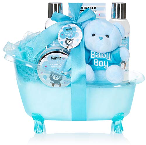 BRUBAKER - Set de Cuidado de Bebé de 7 Piezas - Set de Bienvenida para Niños - Set de regalo con Bañera y Oso de Peluche - Azul claro