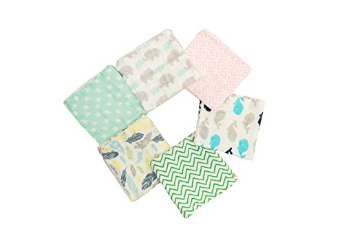 BWinka Unique Design cifra 100% muselina Soft Newborn Baby Toalla para cara y muselina para piel sensible (paquete de 6) con gancho, 12 "x 12" toallitas reutilizables, mejor para regalar