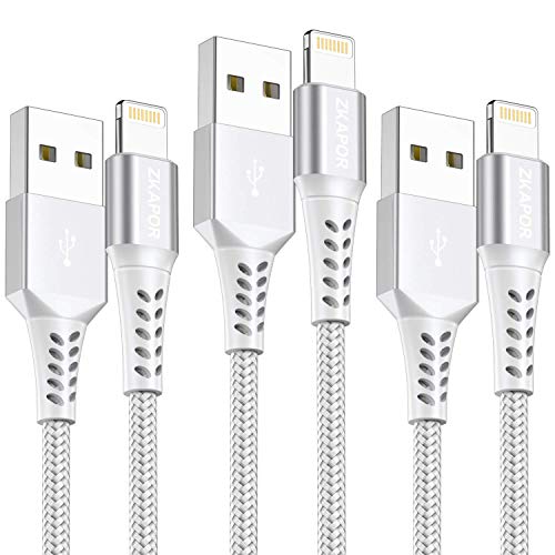 Cable iPhone Cable Lightning [2M 3Pack] Cargador iPhone Carga Rápida Trenzado de Nylon Compatible con Apple iPhone 11 Pro XS MAX XR X 8 Plus 7 Plus 6S 6 Plus 5 5S 5C SE, iPad, iPod - Plata