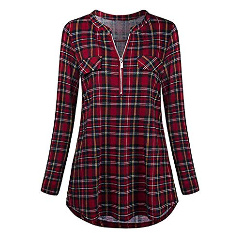 Camisas Mujer Casual, ZODOF Camiseta de Manga Corta con Cuello en V y Camisa Impresa a Cuadros con Blusa Solapa Casual para Mujer Camisetas de Manga Larga de Hebilla Vestir