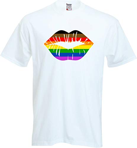 Camiseta para Hombre, diseño de Gay Pride Parade Kiss Labios Boca LGBTQ QIAAP Blanco Blanco S (Pecho 89 cm- 94 cm)