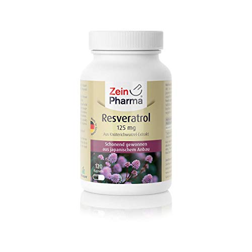 Cápsulas de Resveratrol 125mg de ZeinPharma • 120 cápsulas (4 meses de suministro) • sin gluten, vegano, kosher y halal • Hecho en Alemania