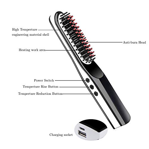 Cepillo Alisador de Barba para Hombres, Plancha Barba Hombre Sin Cable, Temperatura Ajustable, Pantalla LCD digital, Doble Tensión y Portátil para Viajes (Negro)