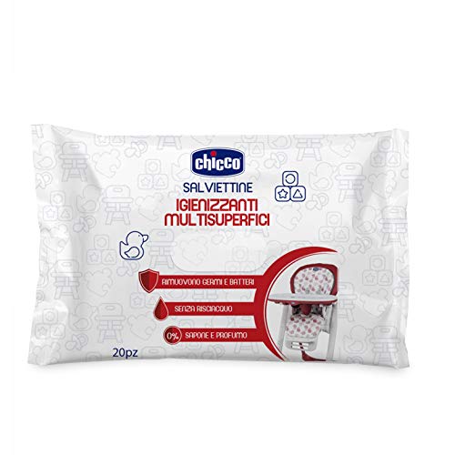 Chicco - Chicco Toallitas Limpiadoras Multi Superficies - Limpia y retira gérmenes y bacterias de superficies y objetos en contacto con el bebé, sin alcohol ni perfume, 20 unidades