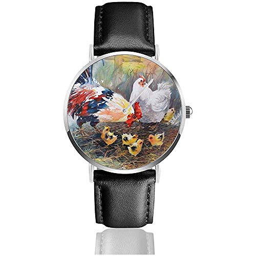 Cock Hen and Chicks Acuarela Arte Chicken Family Reloj Unisex Reloj Deportivo PU Banda de Cuero Cuarzo Relojes de Pulsera de Acero Inoxidable