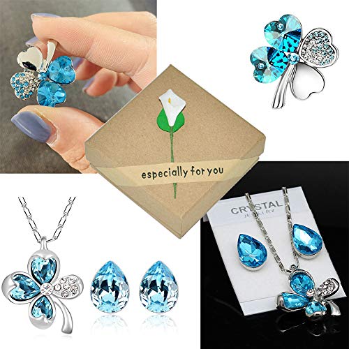 Colgante Trebol, Collar de Trébol de Cuatro Hojas Azul Anillo de Buena Suerte Pulsera de Trébol de Cuatro Hojas Pendientes de Gota de Agua de Trébol de Trébol, Mujeres Novia Esposa Hija 5pcs / Set