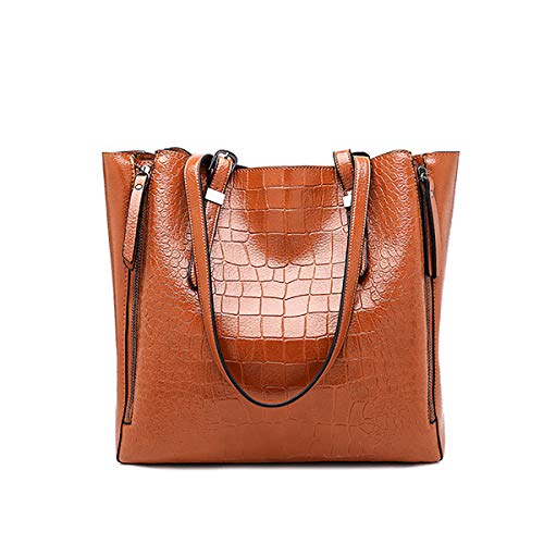 Coolives Bolso Tote Textura de cocodrilo para Mujer en Cuero de PU Marrón