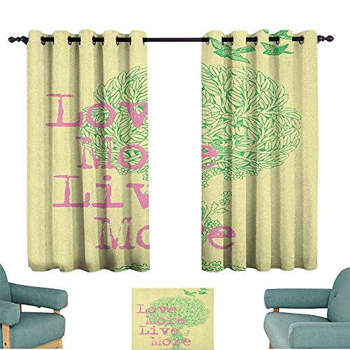 Cortinas opacas térmicas con ojales, diseño de animales con texto en inglés "Love Live and Peace", color verde y rosa y amarillo