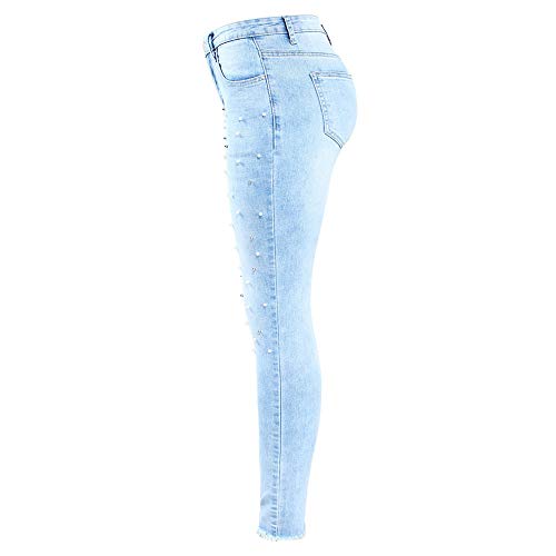 cul-IUWJK Plus Size Jeans with Studded Pearls Woman Elegant Stretchy Denim Skinny Pants Trousers For Women,Light Blue,L