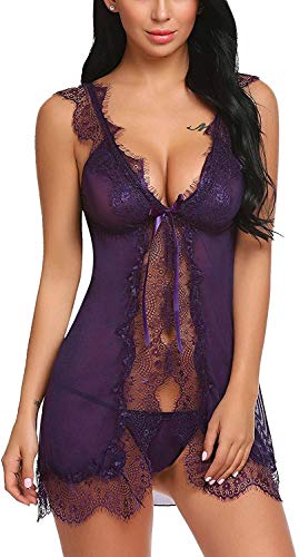 Damas Semitransparente Muñeca del Cordón De La Red Remiendo Mode Básicos Floral Vestido De La Noche con La G-Secuencia De La Ropa Interior Erótica Pijamas Festivos (Color : Z-Lila, Size : 2XL)