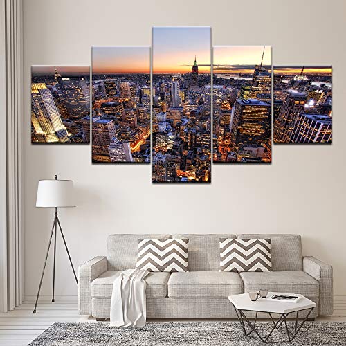 DGGDVP Lienzo Arte de la Pared Imágenes Cocina Restaurante Decoración 5 Piezas Puesta de Sol Paisaje Urbano Manhattan Bridge River HD Impresos Carteles Tamaño 2 Sin Marco