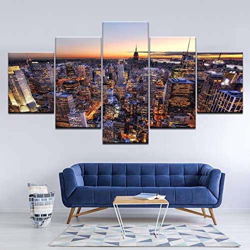 DGGDVP Lienzo Arte de la Pared Imágenes Cocina Restaurante Decoración 5 Piezas Puesta de Sol Paisaje Urbano Manhattan Bridge River HD Impresos Carteles Tamaño 2 Sin Marco