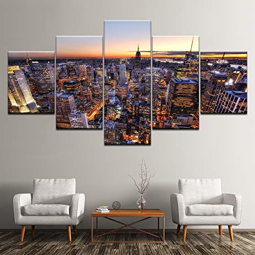 DGGDVP Lienzo Arte de la Pared Imágenes Cocina Restaurante Decoración 5 Piezas Puesta de Sol Paisaje Urbano Manhattan Bridge River HD Impresos Carteles Tamaño 2 Sin Marco