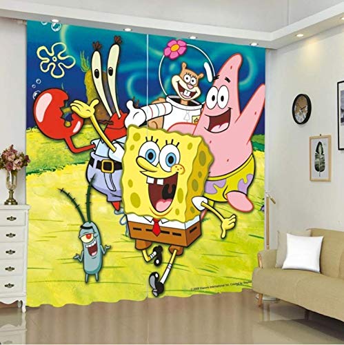 DGTJSEVEN Bob Esponja, Tratamiento De Ventanas, Cortinas Acabadas, Dibujos Animados, Impresión 3D, Poliéster, Cortinas Opacas para Ventana para Sala De Estar, 132X160Cm