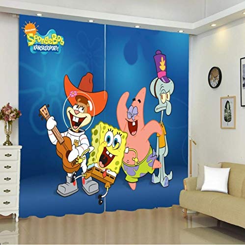 DGTJSEVEN Bob Esponja, Tratamiento De Ventanas, Cortinas Terminadas, Dibujos Animados, Impresión 3D, Poliéster, Cortinas Opacas para Ventana para Sala De Estar, 215X220Cm