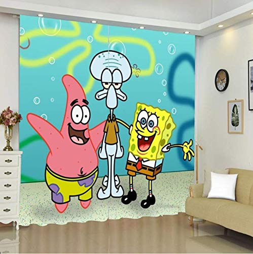 DGTJSEVEN Bob Esponja, Tratamiento De Ventanas, Cortinas Terminadas, Dibujos Animados, Impresión 3D, Poliéster, Cortinas Opacas para Ventana para Sala De Estar, 280X300Cm